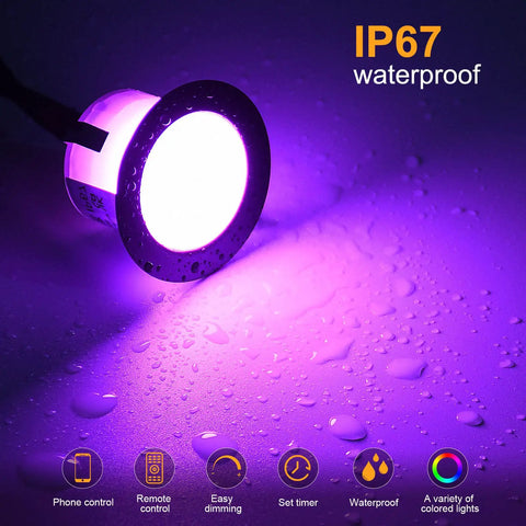 Low Voltage LED Deck Lights 30 Pack RGBW Smart WiFi Recessed Step Lights For Under Deck And Walkway IP67 Waterproof Outdoor Lighting Kit No Hub Needed Voice Control With Alexa And Google Assistant showing purple light with water droplets