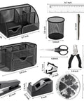 All In One Black Desk Organizer Set For Home Office And School Includes Three Desk Organizers Four Pens Stapler Staples And Remover Tape Dispenser Scissors Ruler Clips Hole Punch And More Perfect For Decluttering Your Workspace displayed with dimensions