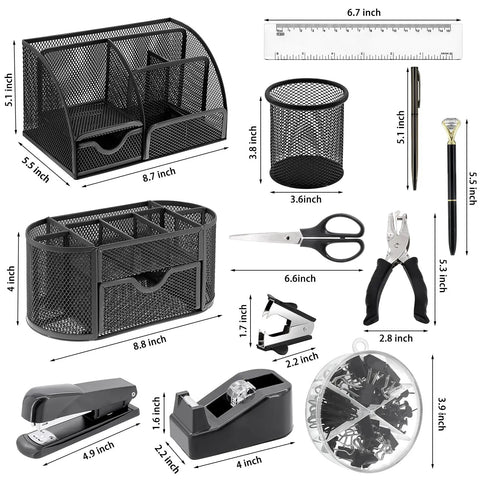 All In One Black Desk Organizer Set For Home Office And School Includes Three Desk Organizers Four Pens Stapler Staples And Remover Tape Dispenser Scissors Ruler Clips Hole Punch And More Perfect For Decluttering Your Workspace displayed with dimensions