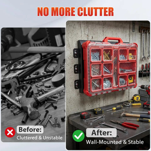 Before and after view showcasing the 2 Packout Mounting Plates With 100 Lb Load Capacity Heavy Duty Metal Base Fully Compatible With Packout Modular Storage System 48-22-8486 Perfect For Tool Storage And Workshop Organization 2pc Set organization effect in a workshop setting with tools.