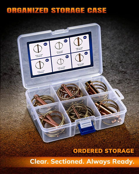 30 Piece Heavy Duty Lynch Pin Assortment Kit With Zinc Plated Steel Pins Includes 4 Sizes For Tractors Trailers Trucks Lawn Mowers And Trolleys Self Locking Ring Prevents Vibration Universal Fit For Farm Implements shown in clear divided box
