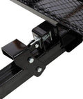 Close-up of hitch mechanism on Tow Behind Dump Cart With 1000 Lb Load Capacity And Built-Tough Solid Steel Bed For ATV UTV Lawn Mower Tractor.