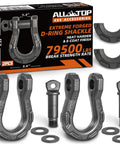 Three Quarter Inch D Ring Shackle Two Pack Fully Forged Steel With Seven Eighths Pin 79500 Lbs Break Strength And Nine Ton Working Load Extreme E Coat Impact And Rust Resistant in packaging with components displayed.
