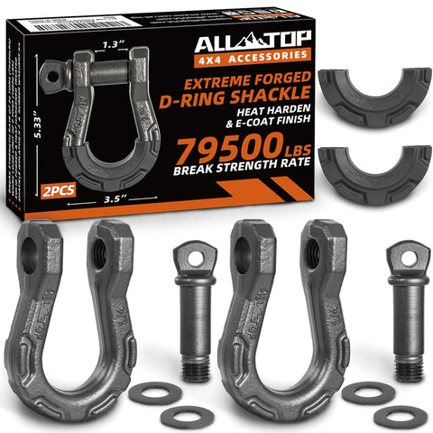 Three Quarter Inch D Ring Shackle Two Pack Fully Forged Steel With Seven Eighths Pin 79500 Lbs Break Strength And Nine Ton Working Load Extreme E Coat Impact And Rust Resistant in packaging with components displayed.