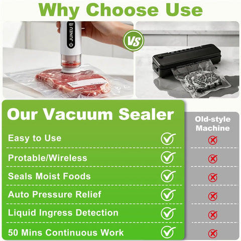 Comparison of handheld vacuum sealer for food with 30 reusable bags dry and moist food compatible vs old-style machine.