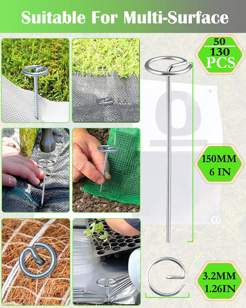 Collage featuring Pack Of 50 Landscape Staples With Pick Hook 6 Inch Galvanized Garden Pins for securing weed fabric and sod.