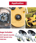 Collage of Hustler Raptor 42 mower application with Two Pack Spindle Assembly With Pulley 603987 And Belt 793828 kit.