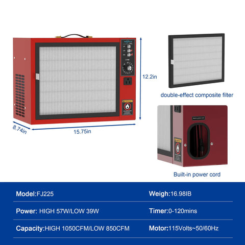 Battle Tested Bench Air Filter And Portable Dust Collector With A Beefy Vortex Fan ideal for woodworking shops, showcasing dimensions and filter details.