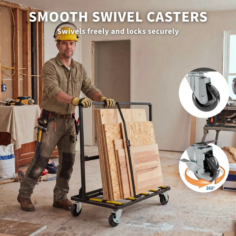 Heavy Duty Folding Drywall Cart Dolly Beast With 1800 Lbs Capacity For Job Sites Handling Heavy Stuff Like Plywood Lumber Glass Plus Reinforced Steel Frame Welded Joints And Adjustable Handle Height For Easy Maneuvering On Any Floor Type, steel cart with plywood sheets and swivel casters