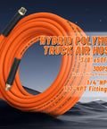 Beefed Up Truck Tire Inflator Kit With 50 Ft Hybrid Air Hose, 350 PSI Max, coiled orange air hose with fittings