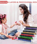 6 Tier Acrylic Nail Polish Organizer with no fuss easy install holds up to 96 bottles shown with mother and child in nail session