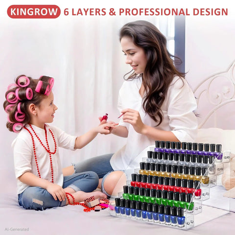 6 Tier Acrylic Nail Polish Organizer with no fuss easy install holds up to 96 bottles shown with mother and child in nail session