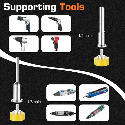 Supporting tools showing 1/8 and 1/4 pole for 372 Piece 1 Inch Sanding Disc Set With Hook And Loop Backing Drill And Rotary Tool Polishing Kit