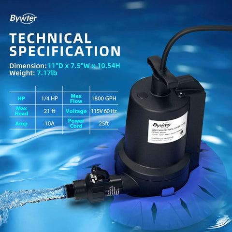 Automatic Pool Cover Pump With 1/4HP, 1800 GPH Submersible Sump Pump, Check Valve Adapter For 3/4 And 1-1/4 Inch Hoses in blue water