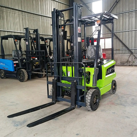 Heavy Duty Electric Forklift Truck Featuring Punchy Motors And Rock Solid Tires in warehouse with visible black forks.