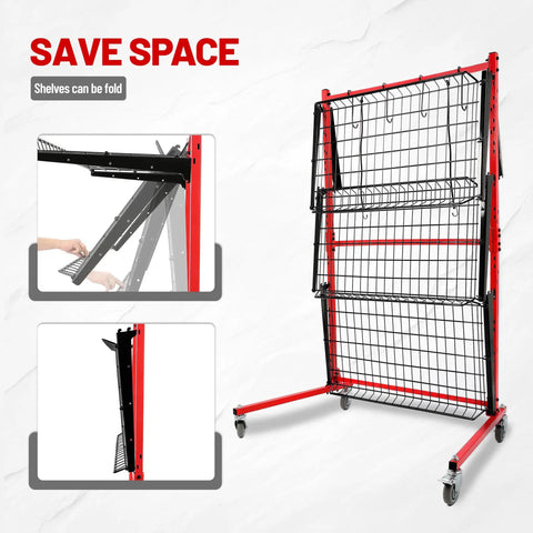 Heavy Duty Steel Rolling Parts Rack For Auto Body Shops Three Shelf Cart With Locking Casters, red powder coated finish