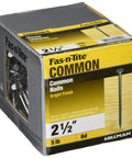 Five Pound Box Of 2.5 Inch 8D Bright Common Nails For Framing And General Woodworking with visible packaging and nails