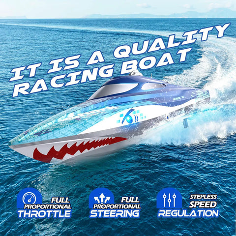 High Speed RC Shark Boat With LED Eyes And Rad Graffiti Design Over 20 MPH Proportional Remote Control 2 4GHz Racing Boat on water