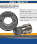 Nickel PTFE Thread Seal Tape Pro Grade Heavy Duty 1/2 Inch By 260 Inch High Density Tape For Stainless Steel Pipes Leak-Proof Non-Toxic Plumbing And HVAC Seal next to a stainless steel pipe fitting with explanations about PTFE tape benefits.