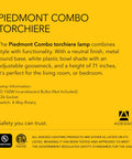 Piedmont Combo torchiere lamp features, including metal base, white shade, adjustable gooseneck, and 71-inch height description.