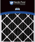 Nordic Pure packaging for Two Pack 20X25X5 MERV 12 Plus Carbon Air Filters, Honeywell Replacement, actual size shown, USA made.