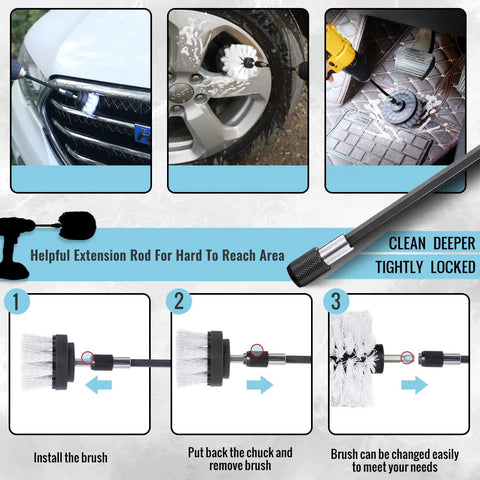 16 Pc Drill Brush Car Detailing Kit With Soft Bristle Scrubber And Extend Attachment For Cleaning Ride Instructional Steps