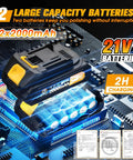 Cordless Car Buffer Polisher Kit with 2x 2000mAh 21V batteries shown on a circuit board background with charging icons.