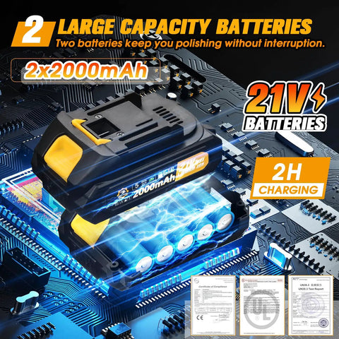 Cordless Car Buffer Polisher Kit with 2x 2000mAh 21V batteries shown on a circuit board background with charging icons.