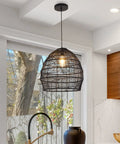 Bamboo Pendant Light Fixture Black Finish, Boho Rattan Woven Hanging Lamp For Kitchen Island Or Nursery, 17.7 Inch
