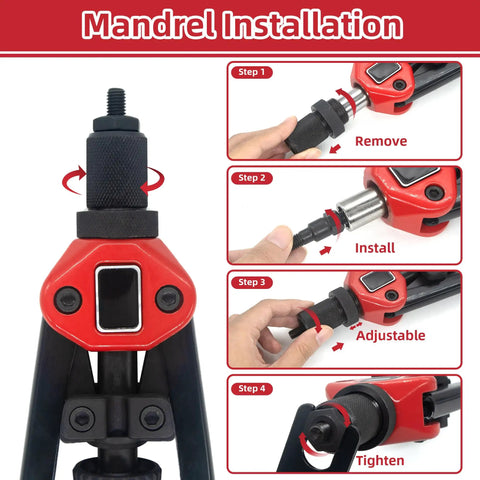 Rivet Nut Tool Kit 14 Inch Hand Riveter With 5 Metric Mandrels Pro Grade showing mandrel installation steps and red handle.