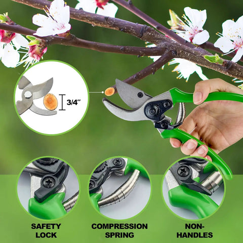 Workhorse Garden Pruning Shears With SK5 Steel Blades cutting branch, green ergonomic non-slip handle, blossom details