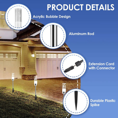 Outdoor Pathway Light Set With 570 Lumen LED Lights 6 Pack Plug In 12V Low Voltage Landscape Lighting Extendable IP65 Waterproof Garden Lights For Patio Yard And Walkway Cool White 6000K showing acrylic bubble design, aluminum rod, extension cord, durable spike