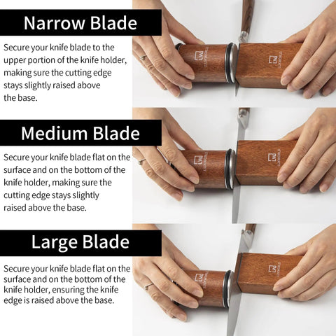 Rolling Knife Sharpener With Diamond And Ceramic Disc Technology For Kitchen And Pocket Knives Magnetic Base Angles At 15 And 20 Degrees Manual Sharpening Tool For A Razor Edge And Effortless Rolling Performance in use with hands holding different blade sizes.