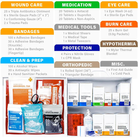 Image showing the contents of a 2-Shelf OSHA Compliant First Aid Kit Cabinet For 50 People ANSI Class A Emergency Cabinet.