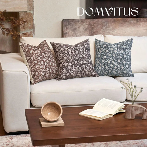 Floral Pillow Cover 18x18 Inch, Dope Throw Pillow Case For Couch, Block Print Neutral Accent Cover For Living Room Vibe, Cover Only, 1 Pack, Brown, Front Floral Back Plain Cotton, Home Decor on cream sofa