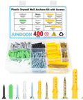 All In One Drywall Anchors And Screws Kit 6 Size Plastic Wall Anchors With Phillips Flat Head Wood Screws 130 Piece Assortment For Picture Hanging Art Decor And Quick Mounts, shown in organized compartments of different colored plastic anchors and metal screws, highlighting the variety and organization of the set.