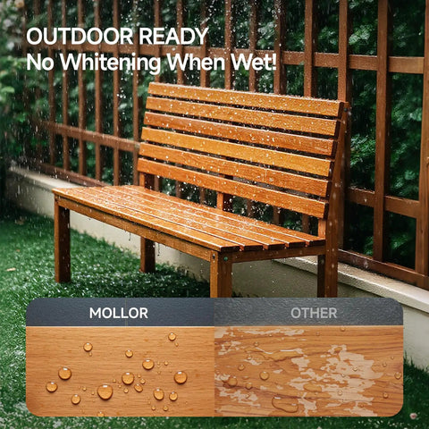 A Super Slick Water Based Wood Stain And Sealer In One Dark Oak Shade With Complete Brush Kit on a wooden outdoor bench.