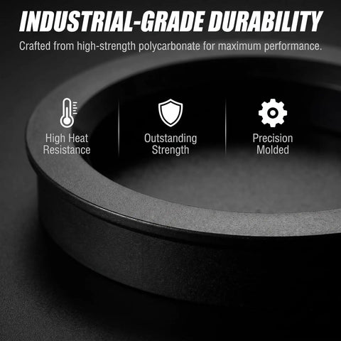 Close-up view of a black hub centric ring, illustrating industrial-grade durability and high-strength polycarbonate material.