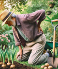 Elderly person in garden kneeling near planted bulbs with shovel, underlining the need for Two Size Garden Auger Drill Bits Set 3.5 x 16 and 1.6 x 16.8 Inch for Quick Bulb and Flower Planting.
