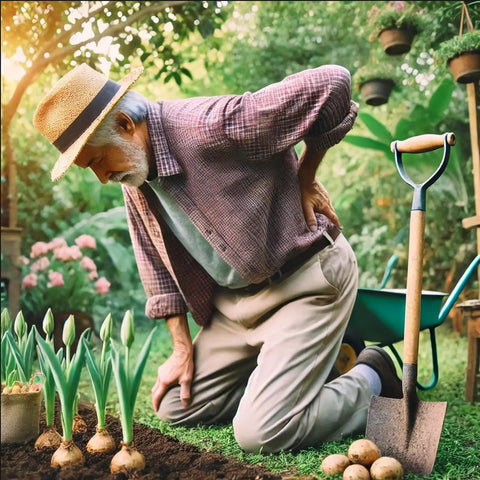 Elderly person in garden kneeling near planted bulbs with shovel, underlining the need for Two Size Garden Auger Drill Bits Set 3.5 x 16 and 1.6 x 16.8 Inch for Quick Bulb and Flower Planting.
