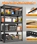 Two Pack Beefy 5 Tier Storage Shelves For Garage And Home, Industrial Grade Steel Shelving With Up To 2000 Lbs Per Shelf, 11.8 Inch Deep, 27.6 Inch Wide, 60 Inch High, Easy Assembly, Ideal For Workshop, Pantry, Basement, Closet, black 5-tier steel shelf in garage