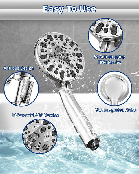 High Pressure Handheld Shower Head With Seven Spray Modes For Custom Comfort, showing chrome finish and nozzles details.