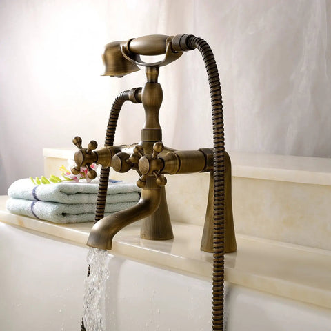 Antique Vintage Brass 6 Inch Centers Two Handle Clawfoot Bathtub Faucet Set With Deck Mounted Shower Combo Hand Shower Included