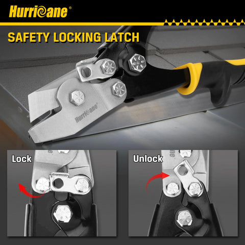 Hurricane sheet metal V-notch hand notcher with safety lock; metal body with yellow/black handle for HVAC ductwork.