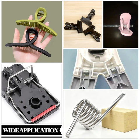 DIY Torsion Springs Set, 50 Piece Assortment With 15 Sizes, 0.5 To 2.5mm Wire, shown in various applications