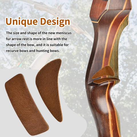 Fur Arrow Rest For Recurve Bow Stick On Adhesive Shelf Rest, Moon Shape Design, 4 Pairs Brown shown on bow
