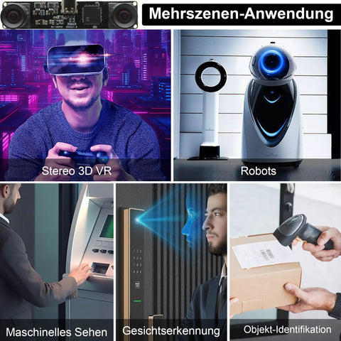 Collage of applications for 1080P 60FPS USB Camera Module With Dual M12 Lenses And 3840x1080 Resolution in VR, robotics, face recognition.