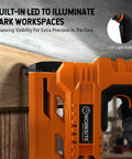 Cordless 18 Gauge Brad Nailer And Staple Gun Kit shown with LED light illuminating woodworking project