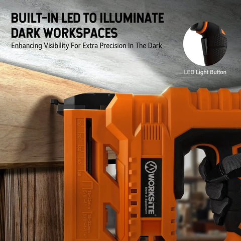 Cordless 18 Gauge Brad Nailer And Staple Gun Kit shown with LED light illuminating woodworking project
