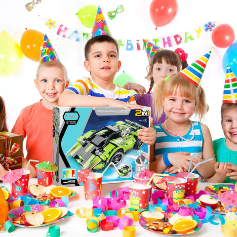 Kids at a birthday party with 2-In-1 Remote Control Race Car And Off Road Truck Building Set For Kids, STEM toy